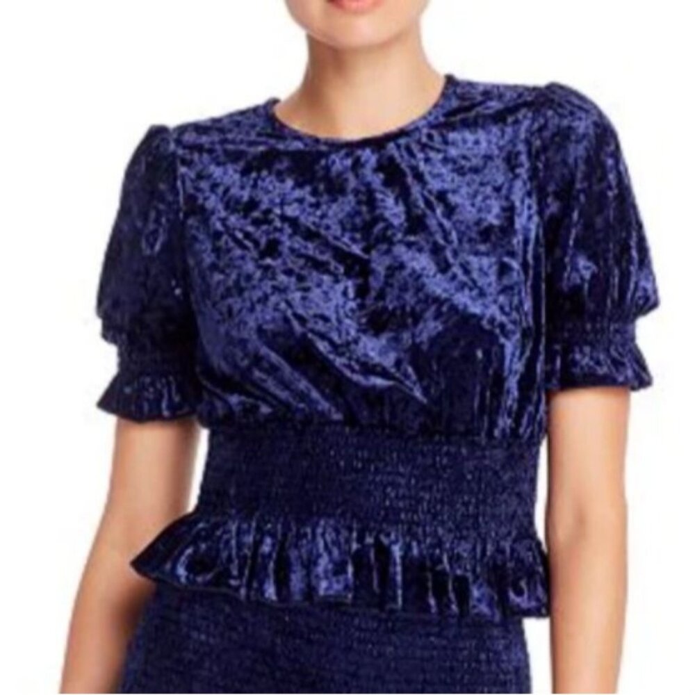 NEW Aqua Crushed Velvet Smocked Ruffle Crop Top‎ Royal Navy Blue Size L